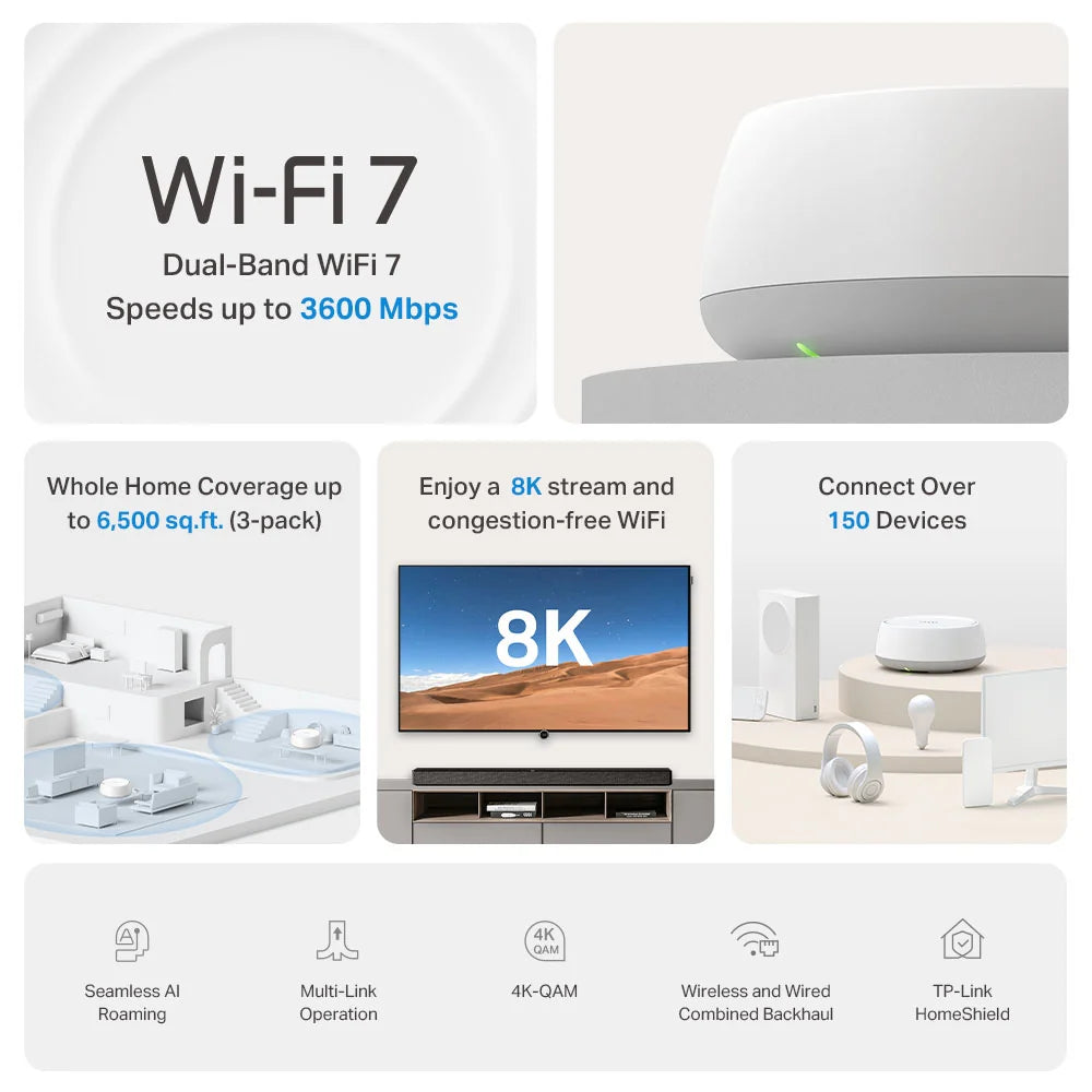 TP-Link Deco BE22 BE3600 Dual-Band Wi-Fi 7 Mesh Router (3-Pack) | AI-Driven Mesh | Gigabit Ports