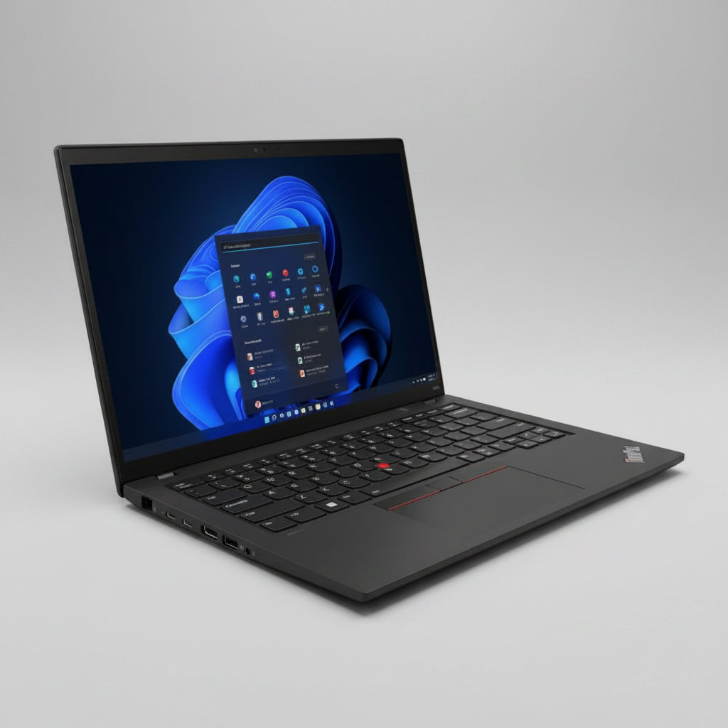 A black ThinkPad laptop shown open at an angle on a light gray studio background, with the screen on and displaying a blue Windows desktop and app window.