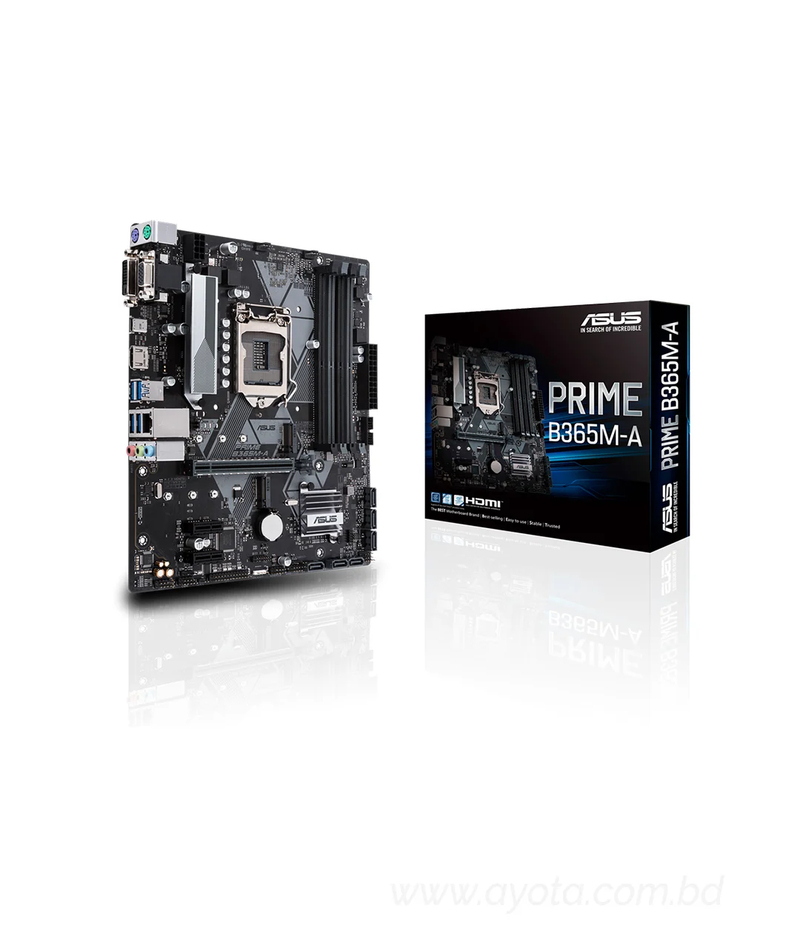 Asus Prime B365M-A DDR4 9th Gen & 8th Gen Motherboard   Intel LGA-1151 mATX motherboard with Aura Sync RGB header, DDR4 2666MHz, M.2 support, HDMI, Intel Optane memory ready, SATA 6Gbps