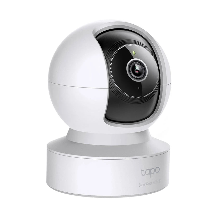 White security camera with a black lens on a white background