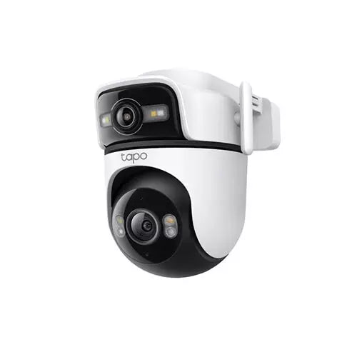 White and black security camera with 'tapo' branding on a white background