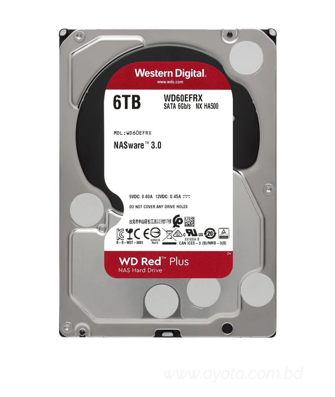 WD Red Plus 6TB NAS Hard Disk Drive - 5400 RPM Class SATA 6Gb/s, CMR, 64MB Cache, 3.5 Inch - WD60EFRX