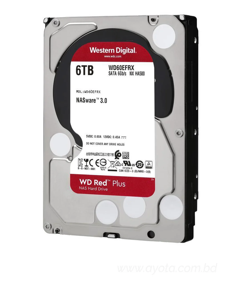 WD Red Plus 6TB NAS Hard Disk Drive - 5400 RPM Class SATA 6Gb/s, CMR, 64MB Cache, 3.5 Inch - WD60EFRX