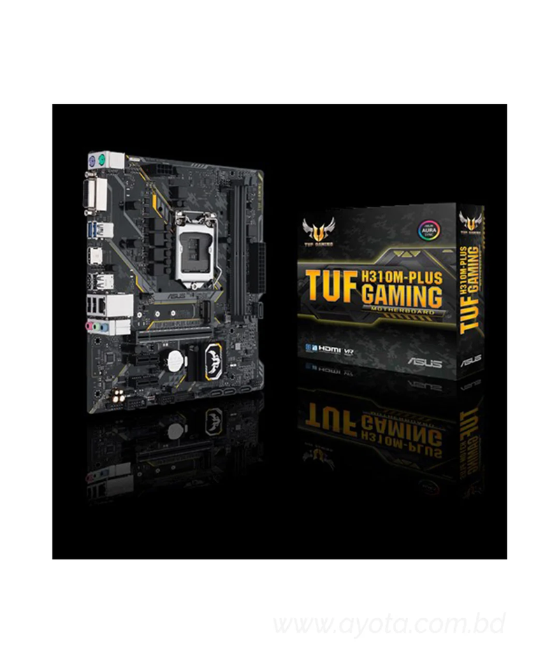 ASUS TUF H310M-PLUS GAMING   Intel H310 mATX gaming motherboard with Aura Sync RGB LED lighting, DDR4 2666MHz support, 20Gbps M.2