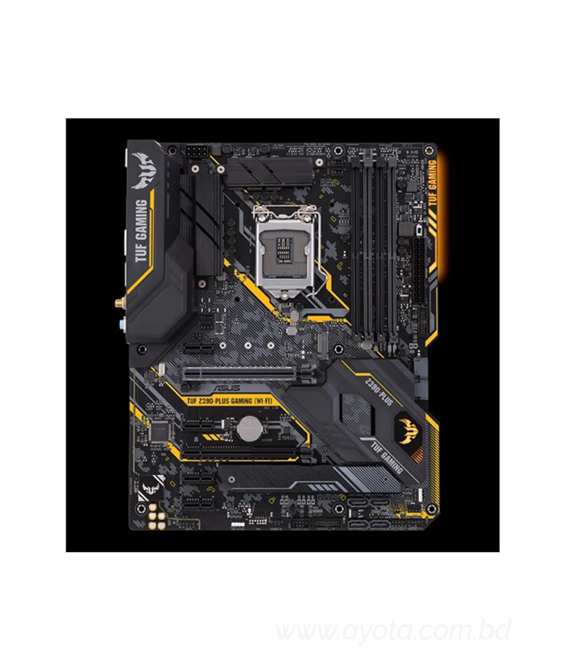 ASUS TUF Z390-PLUS GAMING 9th Gen ATX Gaming Motherboard   Intel Z390 ATX gaming motherboard with OptiMem II, Aura Sync RGB LED lighting, DDR4 4266+ MHz support, 32Gbps M.2, Intel Optane memory ready, and native USB 3.1 Gen 2.