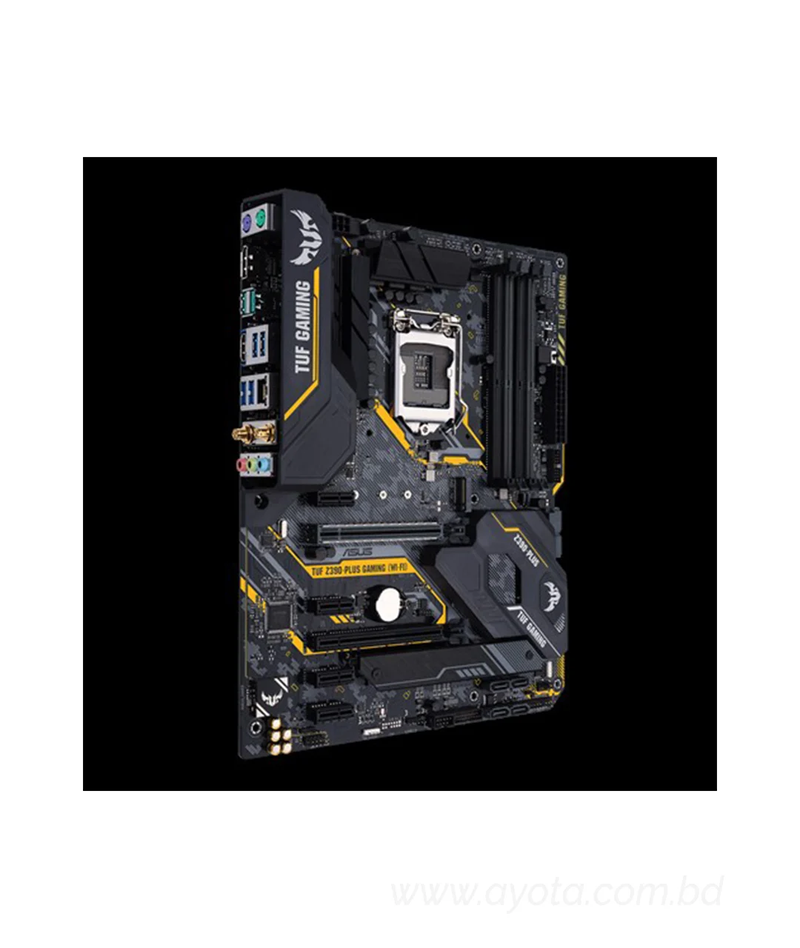 ASUS TUF Z390-PLUS GAMING 9th Gen ATX Gaming Motherboard   Intel Z390 ATX gaming motherboard with OptiMem II, Aura Sync RGB LED lighting, DDR4 4266+ MHz support, 32Gbps M.2, Intel Optane memory ready, and native USB 3.1 Gen 2.