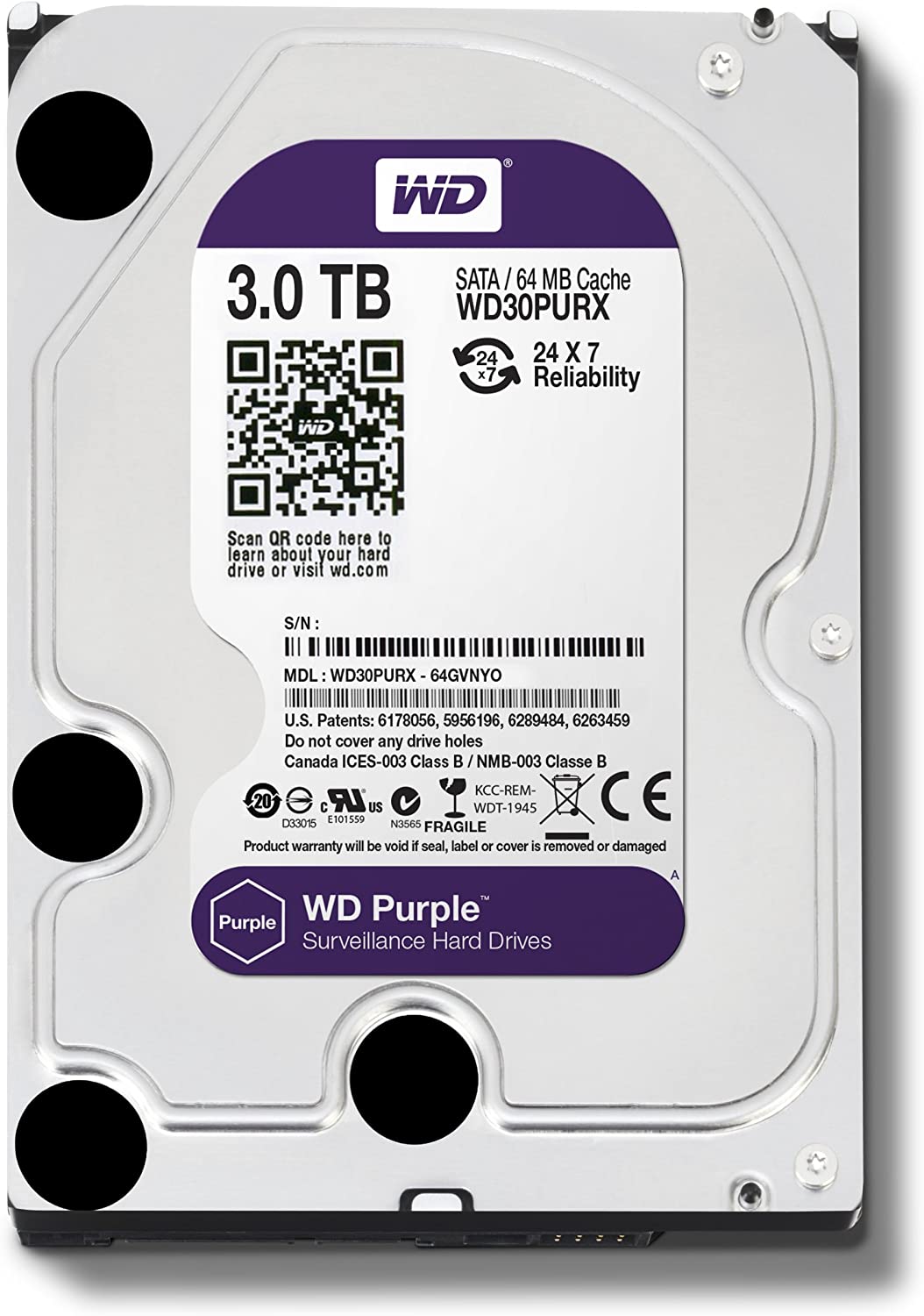 Western Digital Purple 3TB Surveillance Hard Disk Drive - 5400 RPM Class SATA 6 Gb/s 64MB Cache 3.5 Inch - WD30PURX [Old Version]