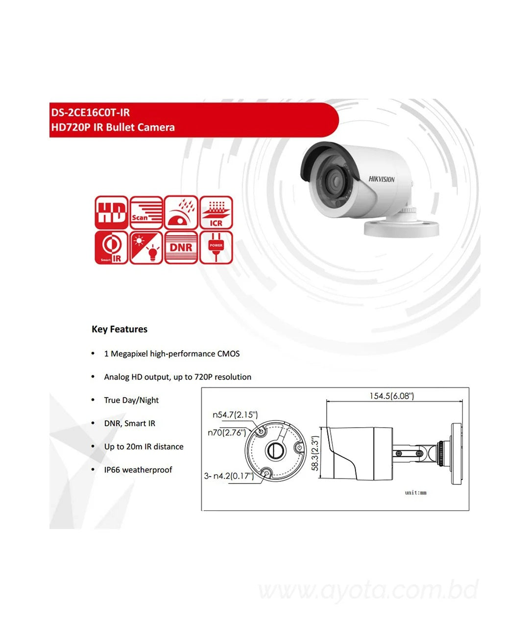 HikVision DS-2CE16C0T-IRF 1 MP Fixed Mini Bullet Camera-best price in bd