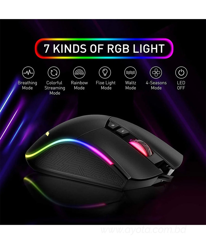 Havit RGB Gaming Mouse Wired Programmable Ergonomic USB Mice 4800 Dots Per Inch 7 Buttons & 7 Color Backlit for Laptop PC Gamer Computer Desktop