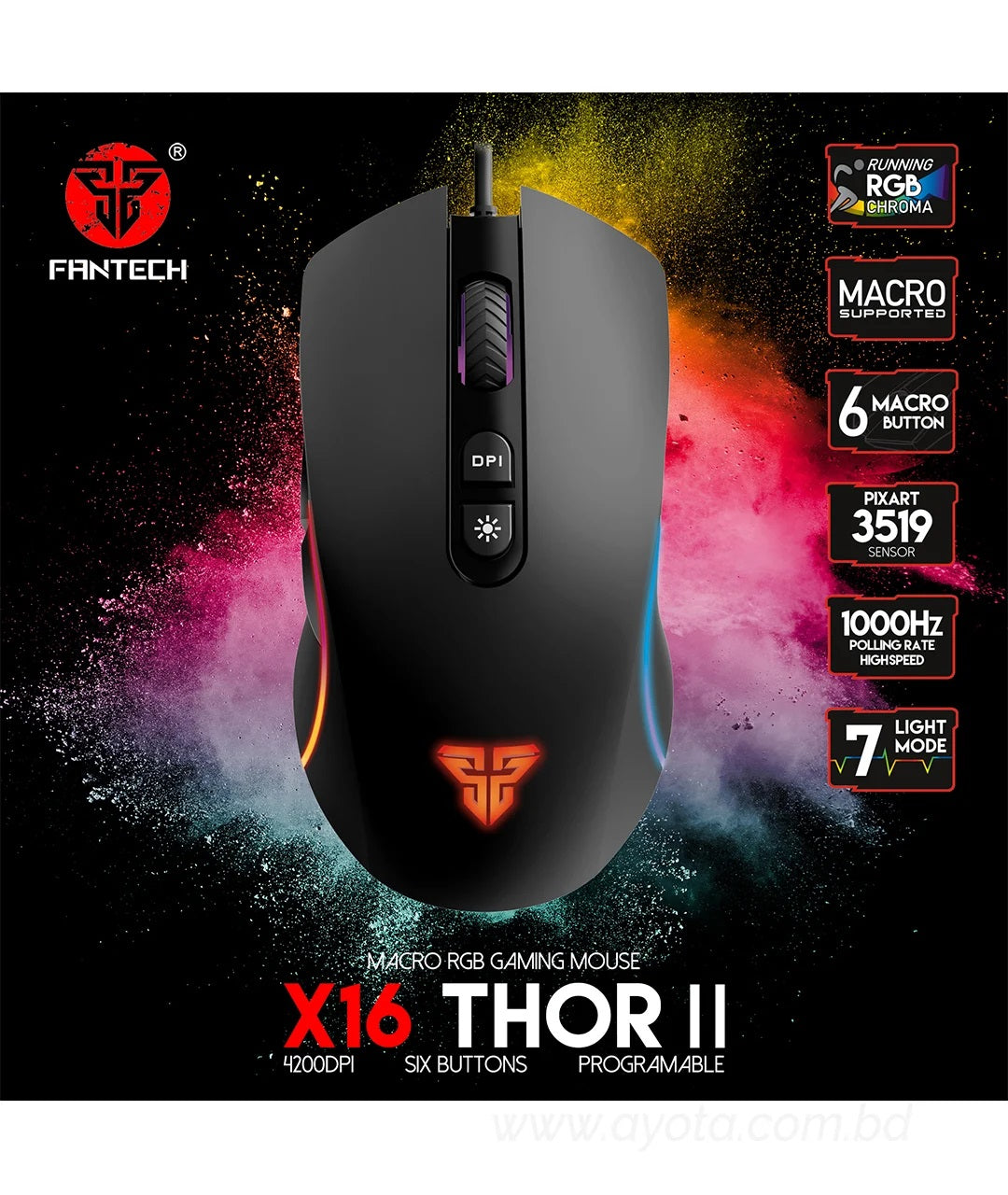 Fantech RGB Gaming Mouse X16 Thor II 6 Button  Black USB