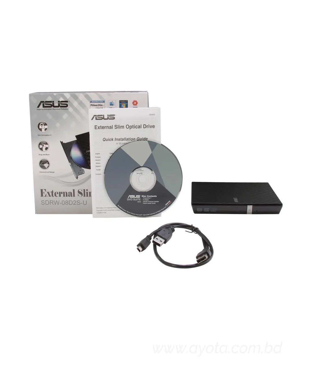 ASUS USB 2.0 Black External Slim CD / DVD Re-writer MacOS Compatible Model SDRW-08D2S-U