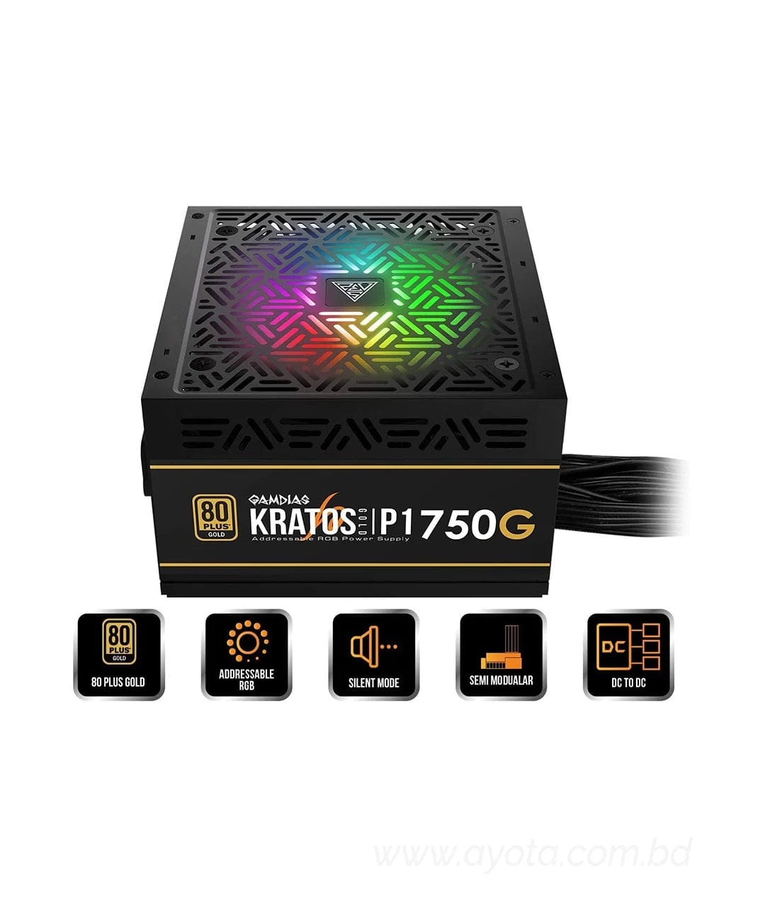 Gamdias KRATOS P1-750G 750W 80 PLUS GOLD Standard Certified, Semi-modular, RGB Motherboard sync & 30 Lighting Effects