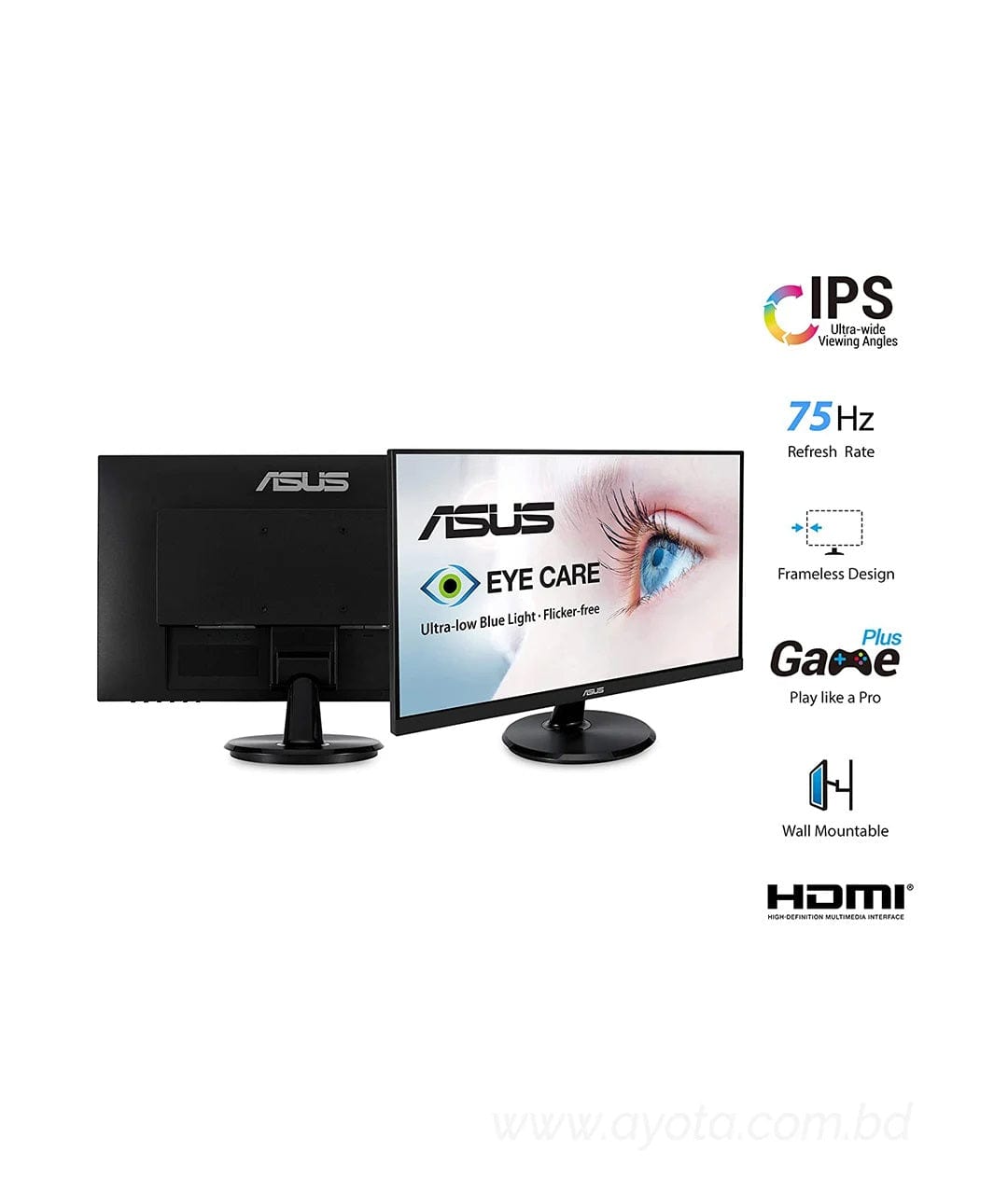 ASUS VA24DQ 23.8" Monitor, 1080P Full HD, 75Hz, IPS, Adaptive-Sync/FreeSync, Eye Care, HDMI DisplayPort VGA, Frameless, VESA Wall Mountable